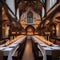 A medieval-themed dining hall with long wooden tables, tapestries, and candlelit chandeliers3