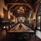 A medieval-themed dining hall with long wooden tables, tapestries, and candlelit chandeliers4