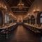 A medieval-themed dining hall with long wooden tables, tapestries, and candlelit chandeliers5