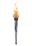 Medieval torch with burning fire. Ancient realistic metal torch with flame. Cartoon game element vector illustration