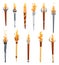 Medieval torches with burning fire set. Ancient realistic metal and wooden torches differents shapes with flame. Cartoon