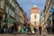 Medieval tower of the Florian Gate at winter in historical part of Krakow.