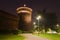 Medieval tower of the Sfortsa castle in night illumination. Milan, Italy