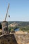 Medieval trebuchet at Chateau de Castelnaud, medieval fortress at Castelnaud-la-Chapelle, Dordogne, Aquitaine,