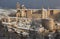 Medieval Urbino city during winter storm