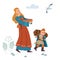 Medieval Viking family. Mother and son are engaged in agriculture. Mother gathered berries, and son bears fuel-wood