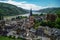 Medieval village Bacharach. City panorama from hill, covered by