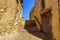 Medieval village with stone houses, cobblestone streets, old doors and windows, arches and walls. Maderuelo Segovia Spain. Europe