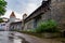 Medieval wall on high wooden balconies and stone turrets in Tallinn