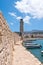 The medieval wall the lighthouse. Rethymno city, The Crete island,Greece.