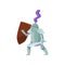 Medieval warrior with shield and sword in hands in fighting pose. Brave knight in shiny iron armor. Flat vector design