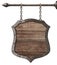 Medieval wood sign or shield hanging on chains isolated