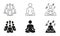 Meditate In Zen Pose Silhouette and Line Icons Set. Wellness and Relax Pictogram. Group Yoga Exercises Black Symbol