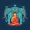 Meditating Buddha and the elephant Erawan. Illustration.