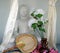 Meditating Buddha with Fan and Vase of White Flowers, Sri Lanka