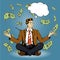 Meditating businessman with speech bubble in retro pop art comic style. Money flying around