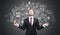 Meditating businessman wearing a red tie near chalkboard with bu