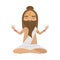 Meditating old yogi man with brown hair and beard sitting in a lotus position. Vector illustration in flat cartoon style