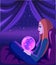 Meditating witch under the starry sky looking into the crystal ball, predicting the future.