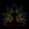 Meditating woman with rainbow aura in lotus pose. Yoga illustration.