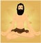 Meditating yogi man against golden lotus petal gradient background horizon Vector illustration