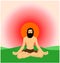 Meditating yogi man against rising sun ad green horizon Vector illustration