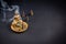 Meditation background with  buddha incense holder and burning aromatic cone