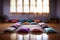 meditation cushions arranged in a quiet room