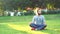 Meditation in everyday life conditions. Concept. Portrait of a young male in casual clothes practicing meditation and