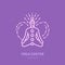 Meditation flat line icon, logo. Vector illustration of men in asana with chakra energy for yoga studio