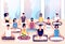 Meditation group. People sit in lotus posture and meditate against panoramic window. Business meditation, team building