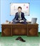 Meditation and relaxation in the office. A man meditates sitting on the office desk in the lotus position. Behind him is a white b