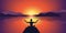 Meditation silhouette peaceful sunset at lake and mountains background