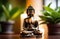 meditation and spirituality concept. small buddha statue near window among house plants and candles