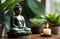 meditation and spirituality. small buddha statue near window among candles and house plants