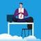 Meditation time on work. Man is meditating over the desk vector illustration