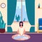 Meditation woman. Girl keep calm in living room. Yoga workout, morning or evening relax. Female saving balance vector