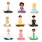 Meditation yoga people relaxation procedure different professions healthy lifestyle characters vector illustration.