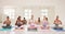 Meditation, yoga and zen friends class in relaxing, healthy and calm pilates studio for holistic breathing, mental