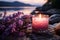 Meditative ambiance, flickering candle, stones, and lavender create a tranquil setting