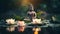 Meditative Buddha statue surrounded by blooming lotuses in calm waters of pond