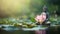 Meditative Buddha statue surrounded by blooming lotuses in calm waters of pond