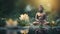 Meditative Buddha statue surrounded by blooming lotuses in calm waters of pond