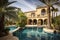 mediteranean house exterior with pool, landscaping and palm trees