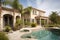 mediteranean house exterior with pool, landscaping and palm trees