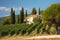 mediteranean house with vineyard, olive grove and cypress trees in the background
