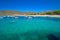 Mediteranian Corsica island with pine trees, sandy beach, tourquise clear water and yach