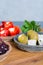 Mediterranean appetizer antipasti tapas bowls with green and cal