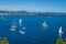 Mediterranean bay with sailing yachts at anchor. Saint-Tropez gulf.