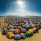 mediterranean beach full of beach umbrellas .AI generated